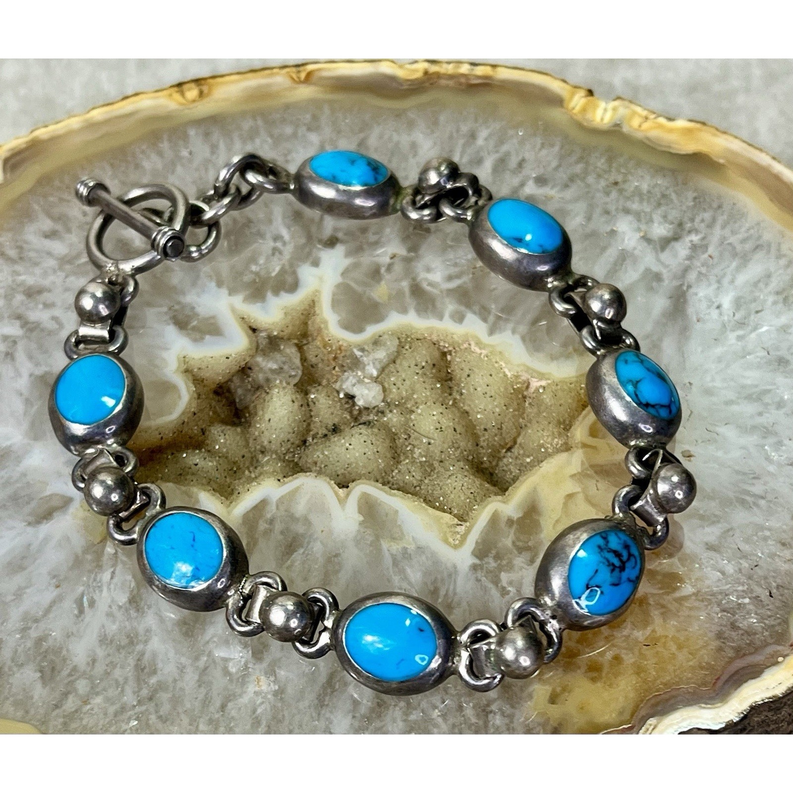 Vtg Taxco Mexico Sterling Silver Blue Turquoise Toggle Link Bracelet Size 75 89$